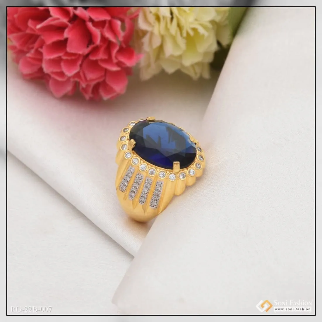 1 Gram Gold Forming Blue Stone with Diamond Glamorous Design Ring - Style B007