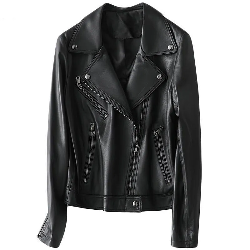 100% Real Sheepskin Short Motorcycle Style Jacket for Woman