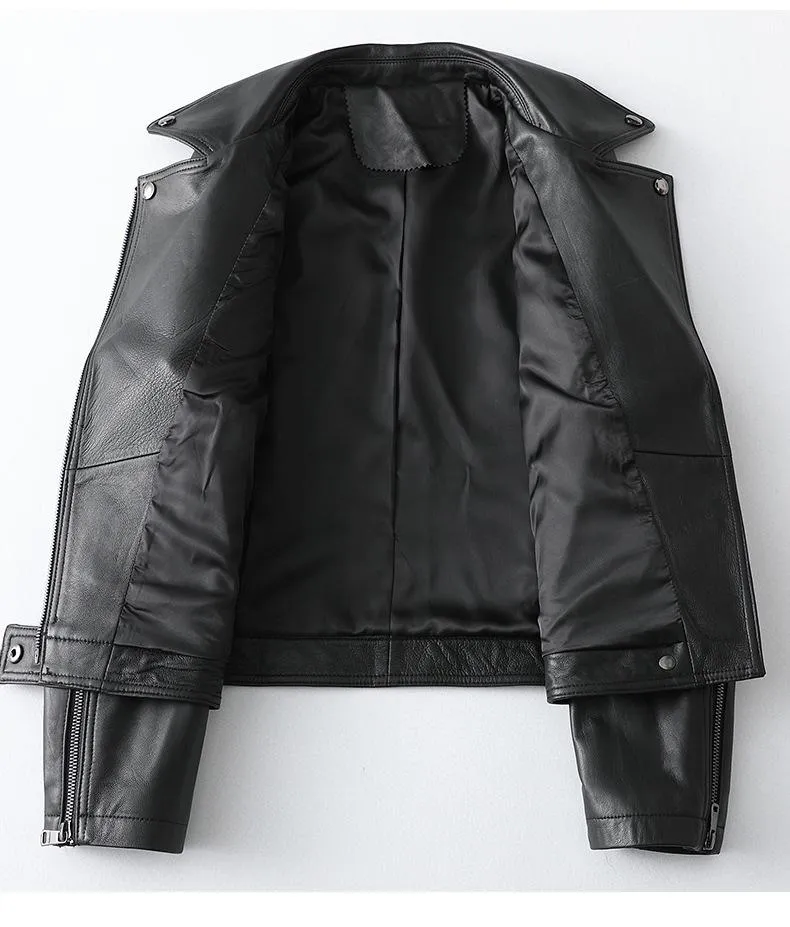 100% Real Sheepskin Short Motorcycle Style Jacket for Woman