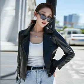 100% Real Sheepskin Short Motorcycle Style Jacket for Woman