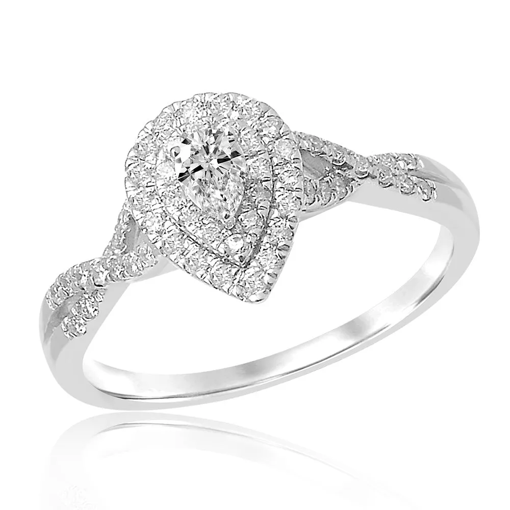 18ct White Gold 1/2 Carat Pear Diamond Double Halo Split Shank Ring