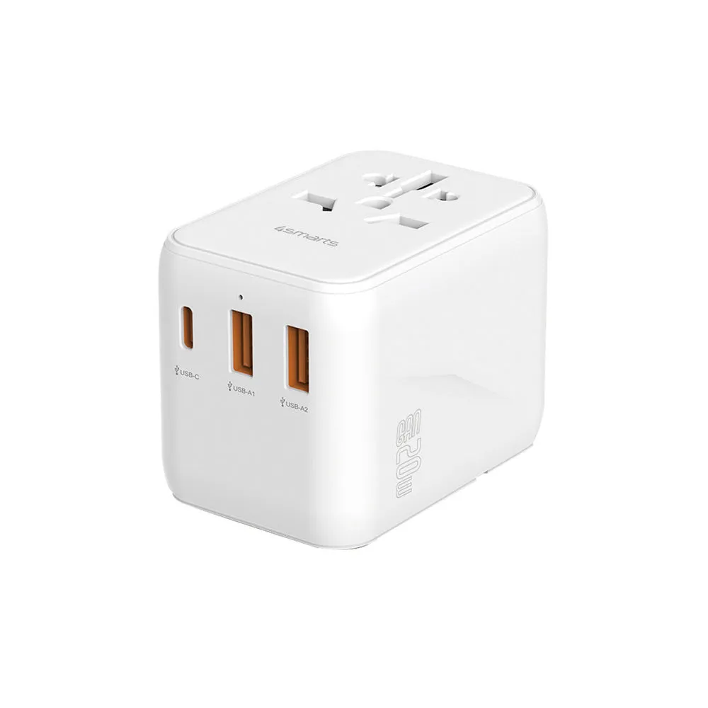 4smarts World 4-i-1 Rejseadapter m. 2 x USB-A, 1 x USB-C & 1 x AC Stikkontakt - Hvid