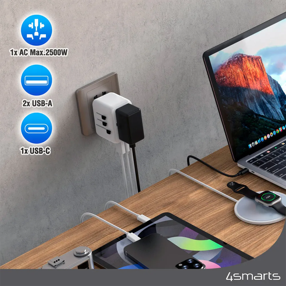 4smarts World 4-i-1 Rejseadapter m. 2 x USB-A, 1 x USB-C & 1 x AC Stikkontakt - Hvid