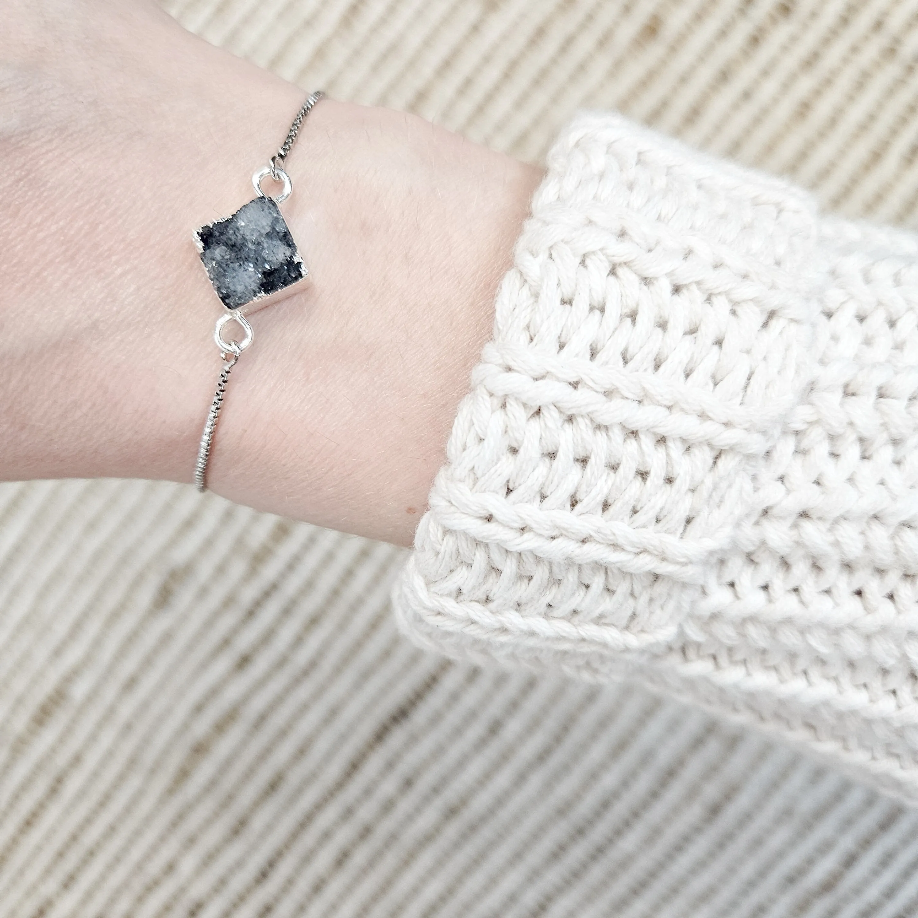 Adjustable Smoky Quartz Druzy Crystal Silver Bracelet