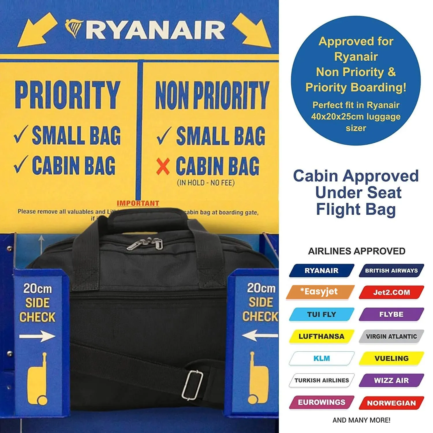 Aerolite Ryanair Bundle Expandable (55x40x20cm) to (55x40x23cm) Ryanair (Priority) Maximum Lightweight Cabin Suitcase and (40x20x25cm) Ryanair Maximum Underseat Holdall