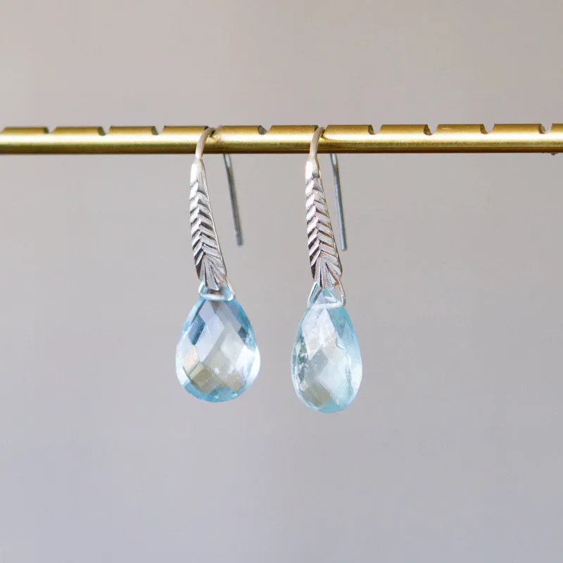 Aquamarine Herringbone Gemstone Drop Earrings in Sterling Silver