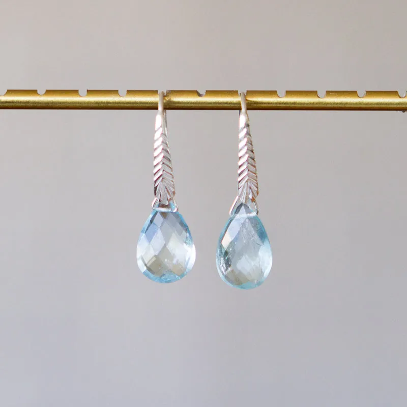 Aquamarine Herringbone Gemstone Drop Earrings in Sterling Silver