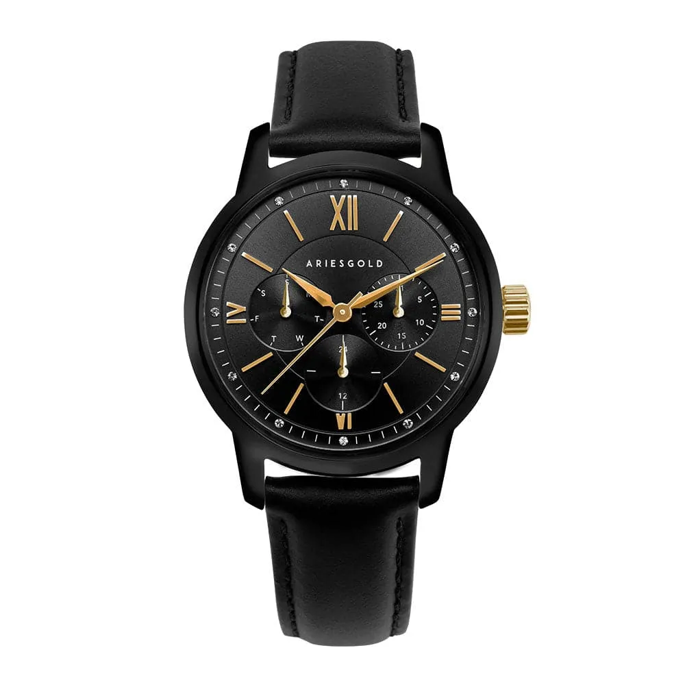 ARIES GOLD URBAN ETERNAL BLACK STAINLESS STEEL L 1028 BKG-BKG BLACK LEATHER STRAP WOMEN'S WATCH