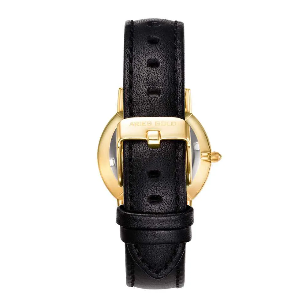 ARIES GOLD URBAN SANTOS GOLD STAINLESS STEEL L 1023 G-BK BLACK LEATHER STRAP WOMEN'S WATCH