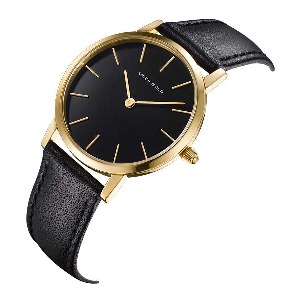 ARIES GOLD URBAN SANTOS GOLD STAINLESS STEEL L 1023 G-BK BLACK LEATHER STRAP WOMEN'S WATCH