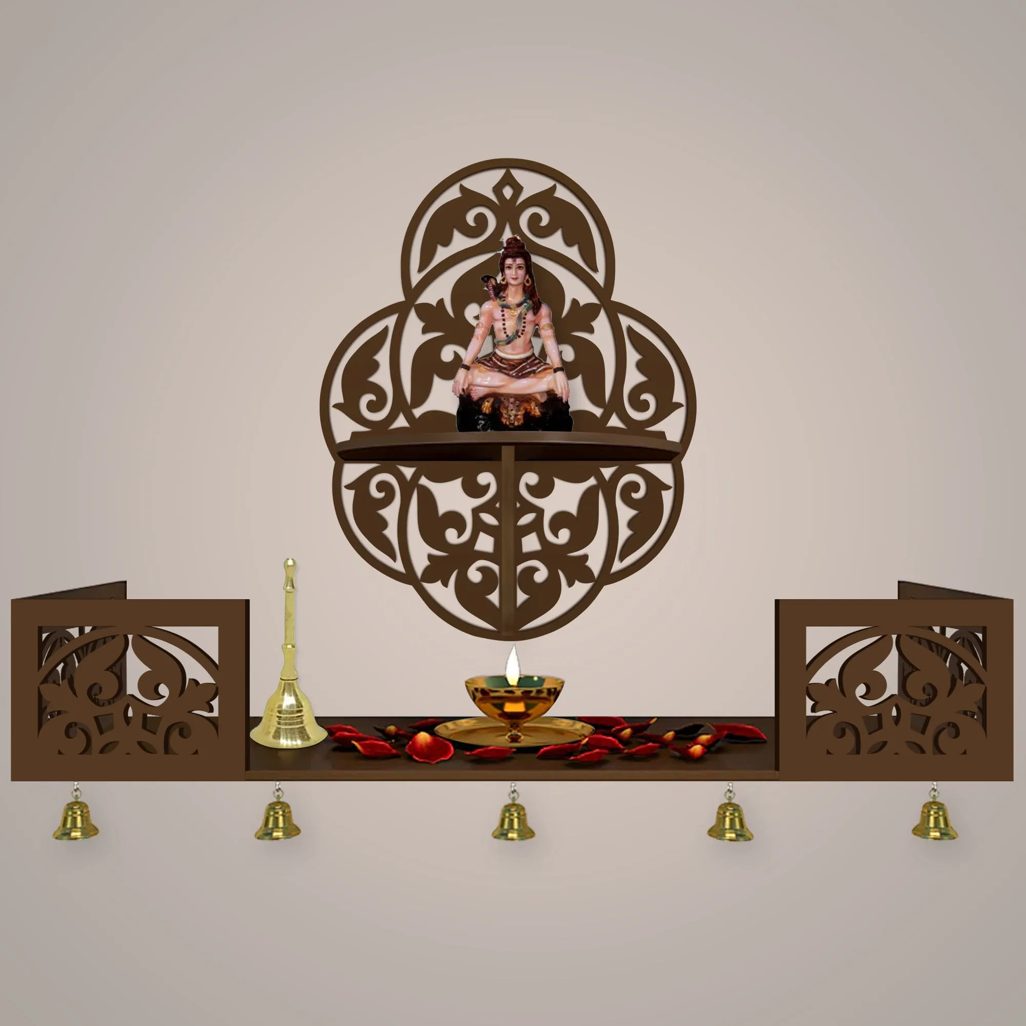 Beautiful Designer Pattern Wall Hanging Wooden Temple/ Pooja Mandir Design with Shelf, Brown Color