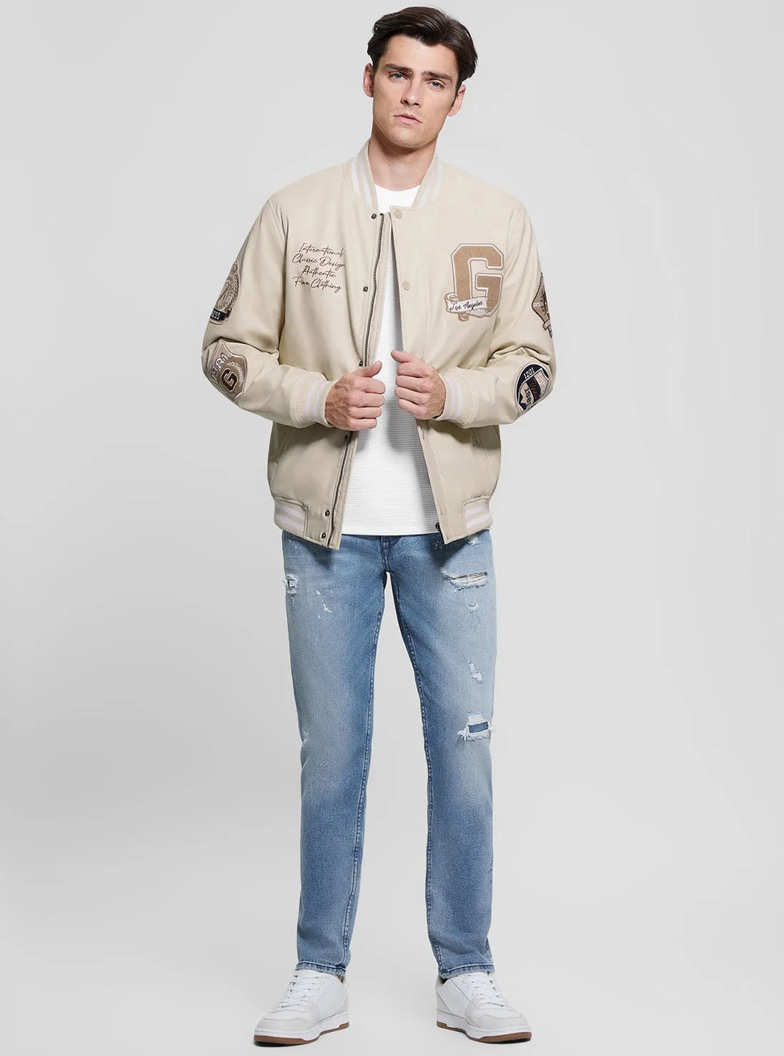 Beige Varsity Bomber Jacket