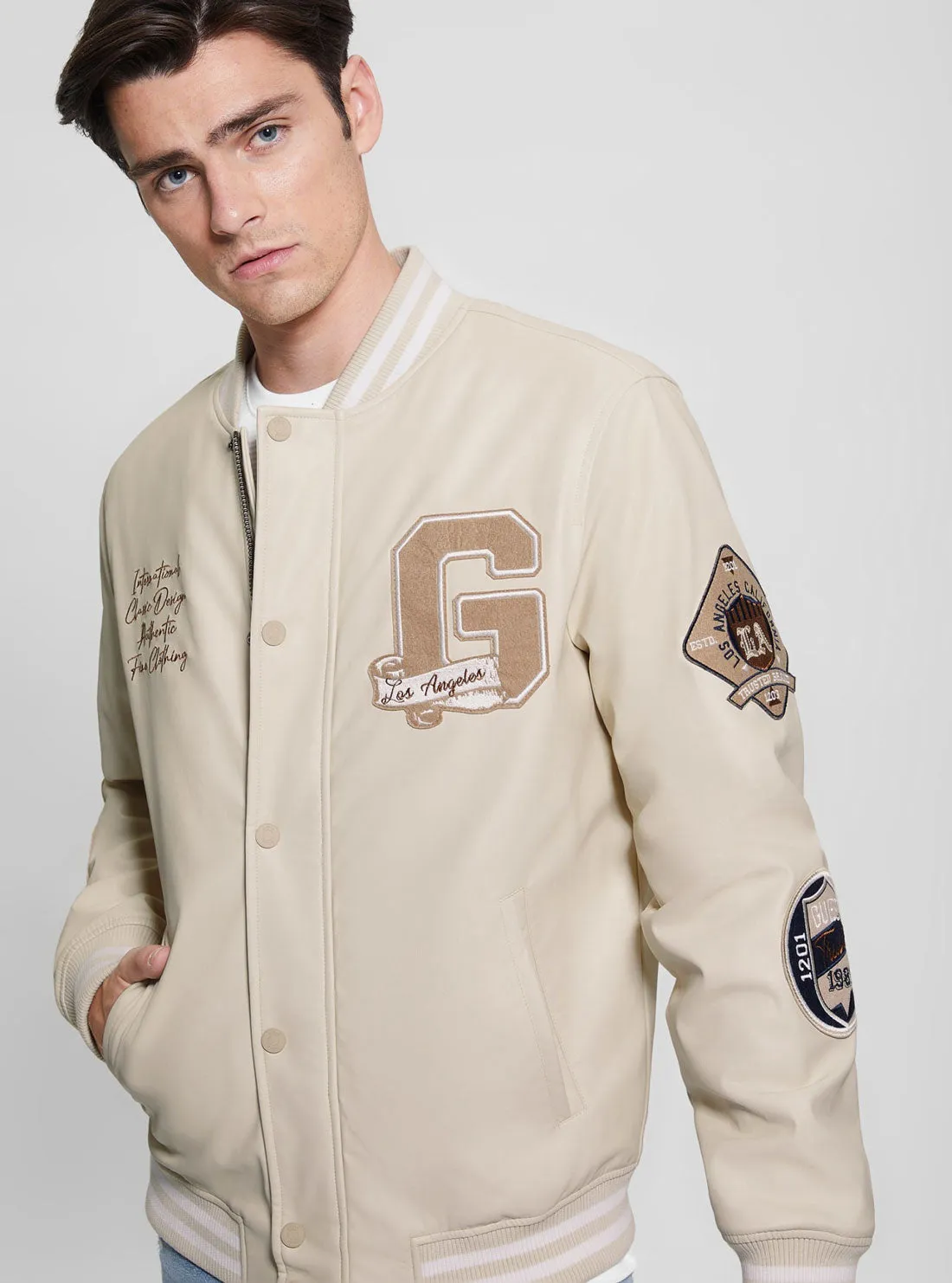 Beige Varsity Bomber Jacket