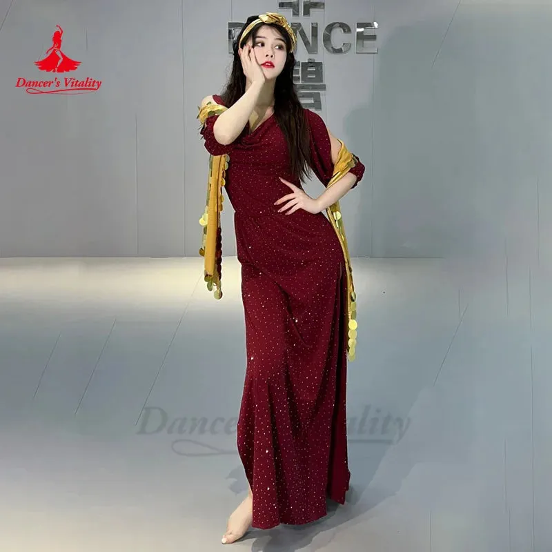 Belly Dance Performance Costume Set for Women Half Sleeves Cotton Robe headdress Belt 3pcs Shabbi Baladi Performance Robes