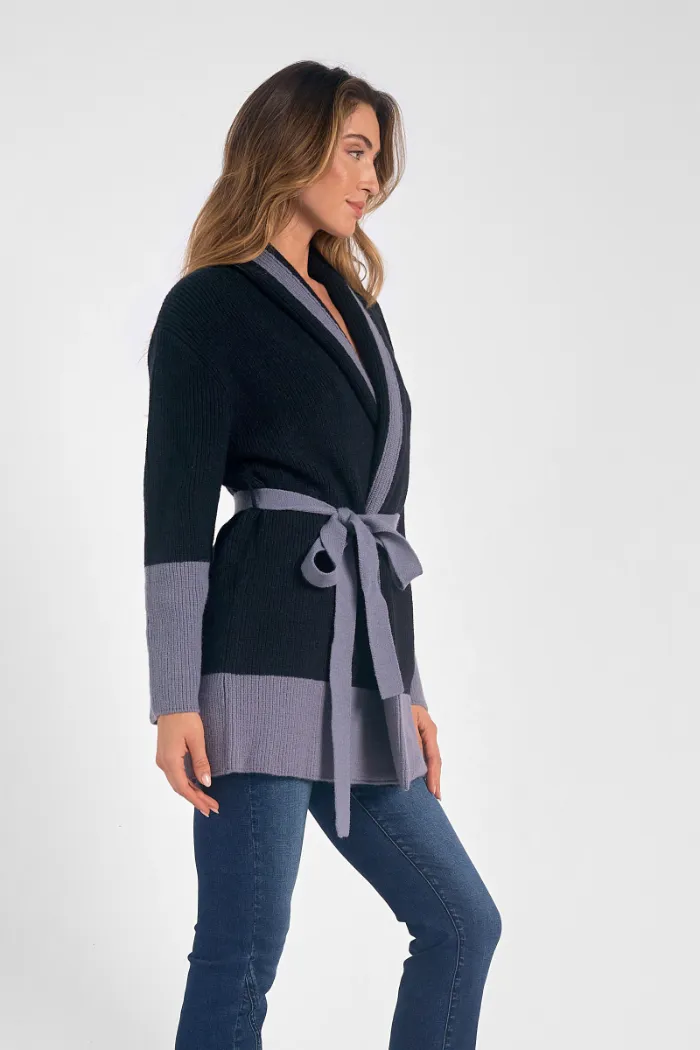 Belted Color Block Cardigan