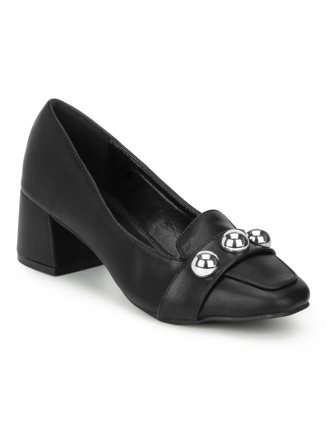 Black PU Beaded Loafer Style Low Block Heels