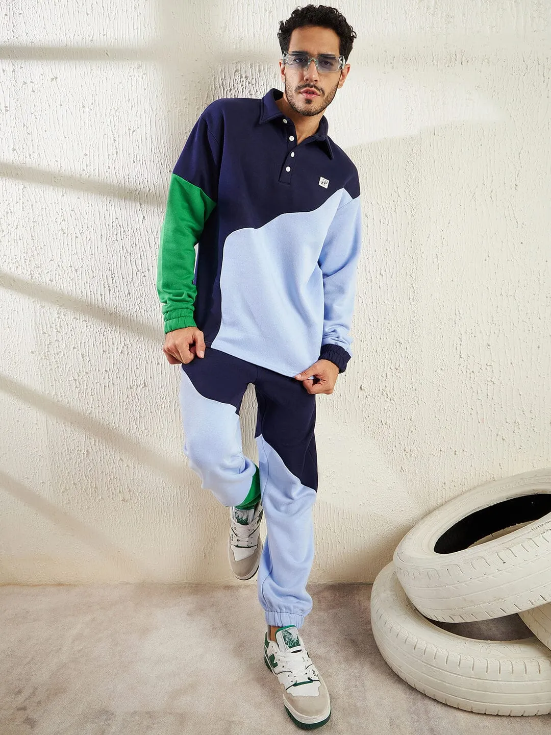 Blue Cut Sew Oversized Polo Sweatshirt