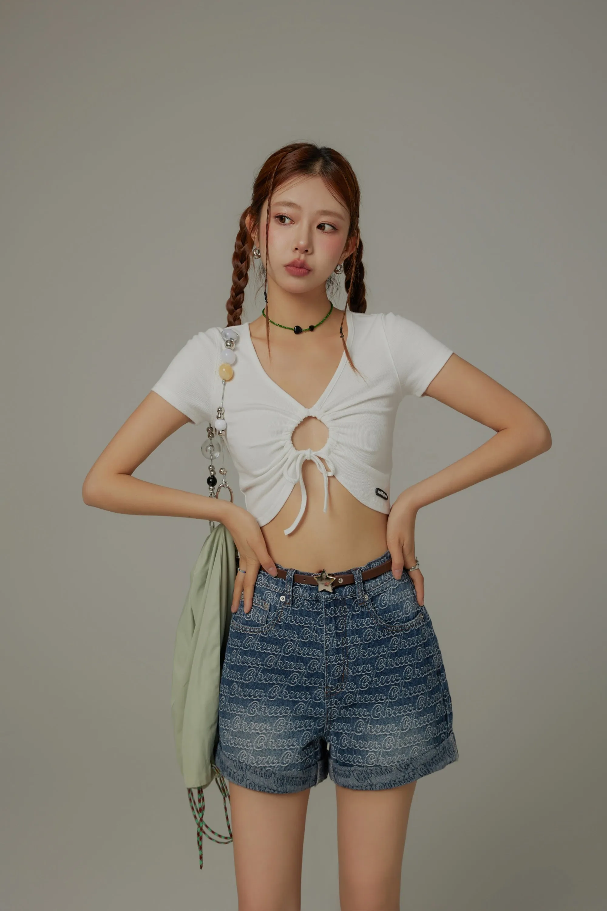 Chuu Lettering Pattern Rolled Denim Shorts