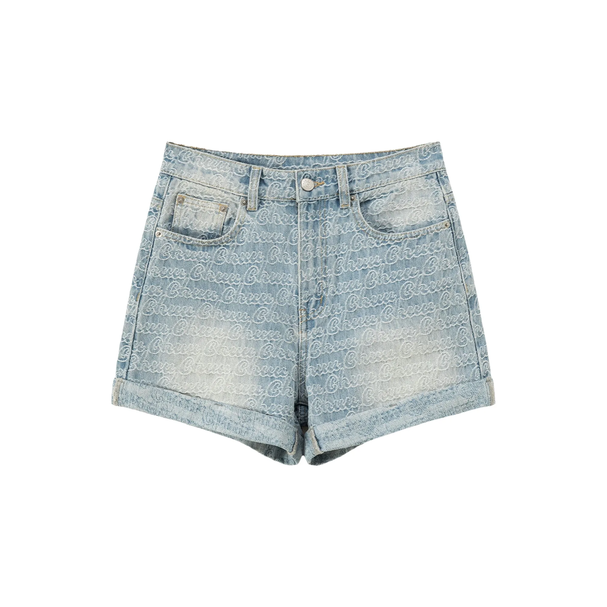 Chuu Lettering Pattern Rolled Denim Shorts