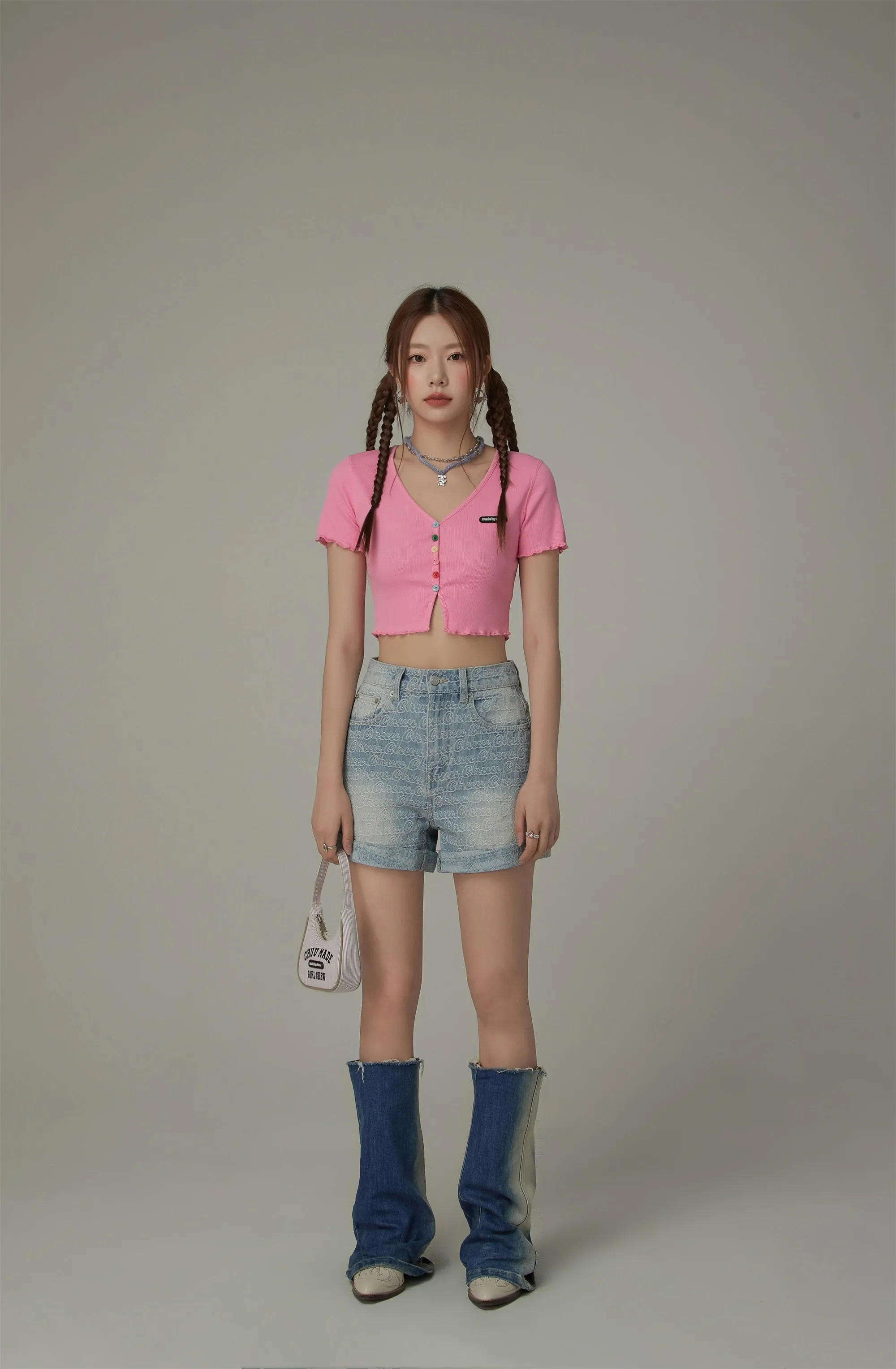 Chuu Lettering Pattern Rolled Denim Shorts