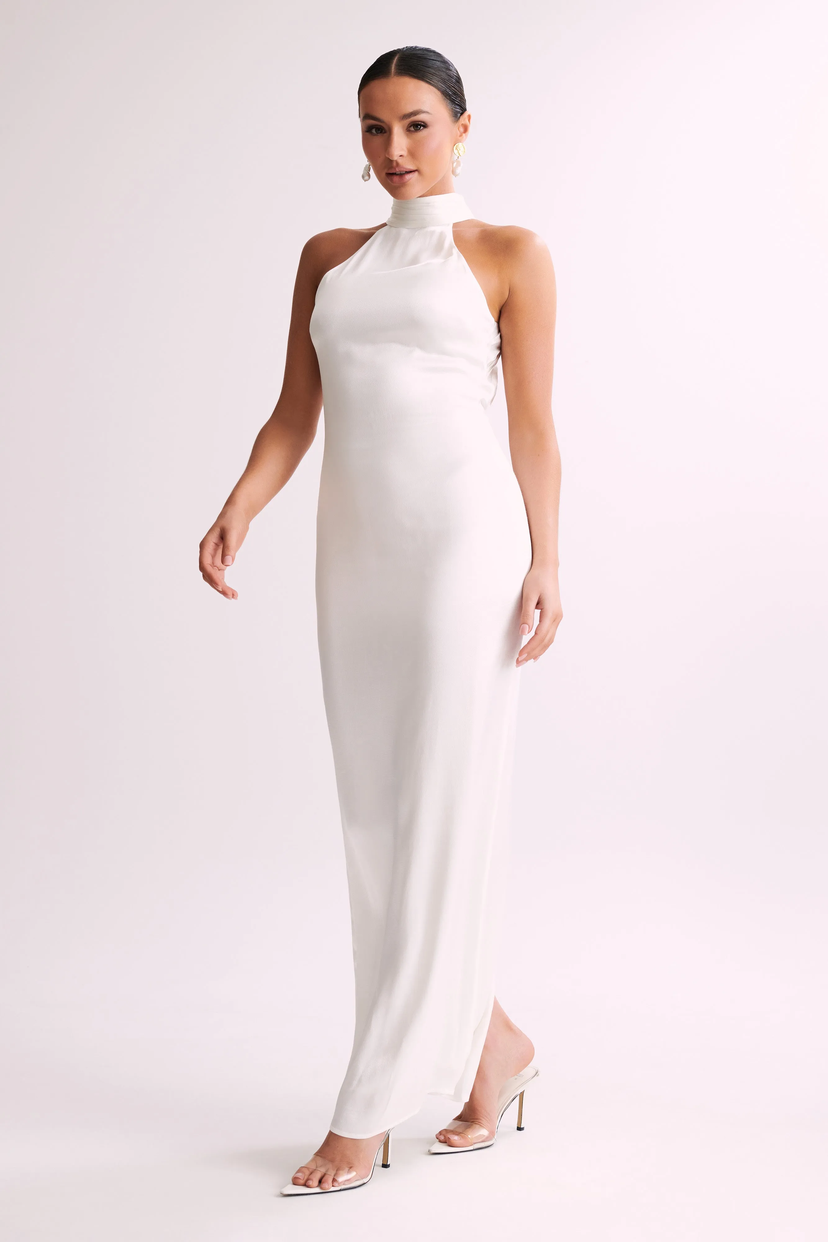 Claire Satin Drape Back Maxi Dress - White