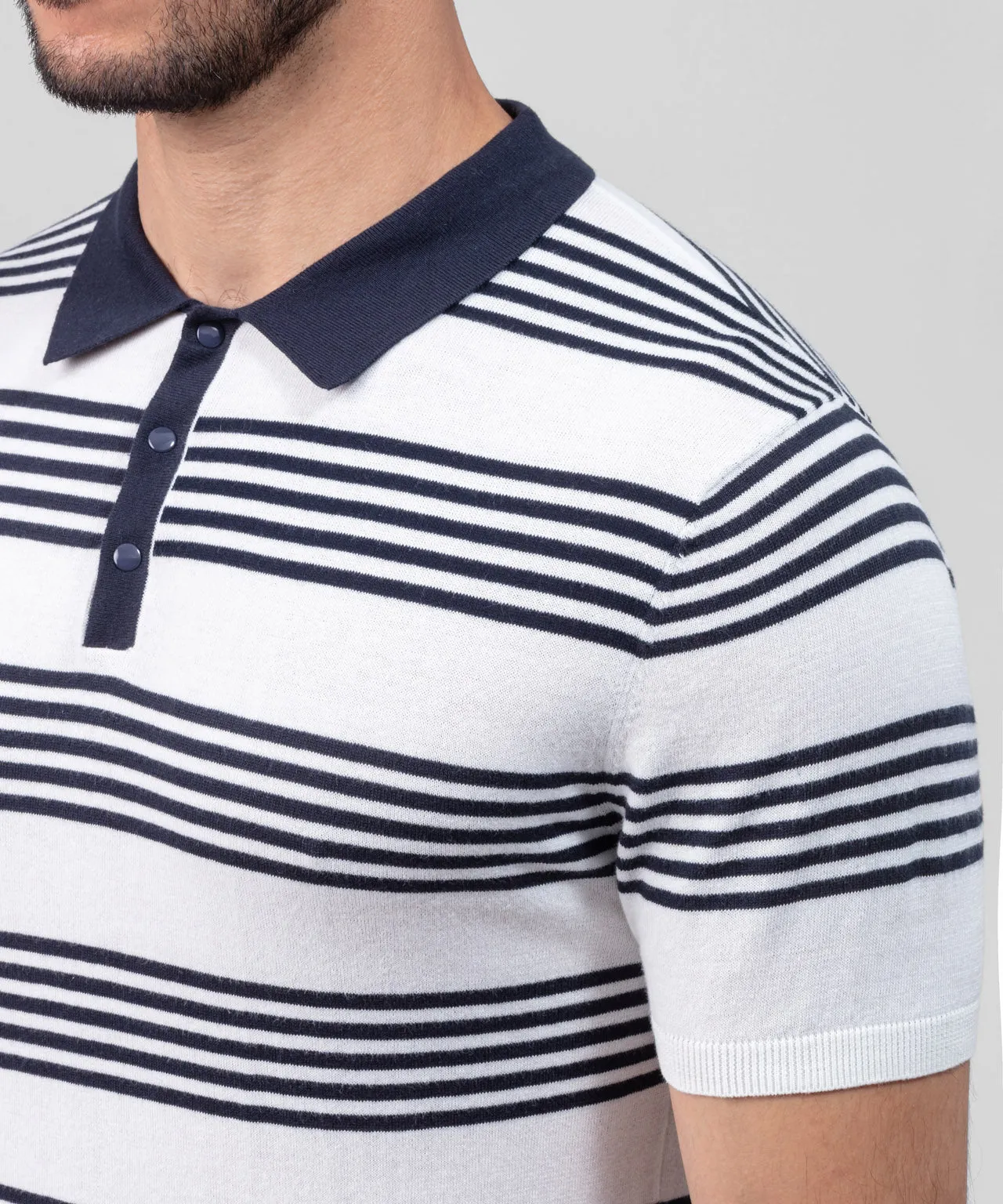 Cotton RD Tennis Polo: Off White/Navy Stripes