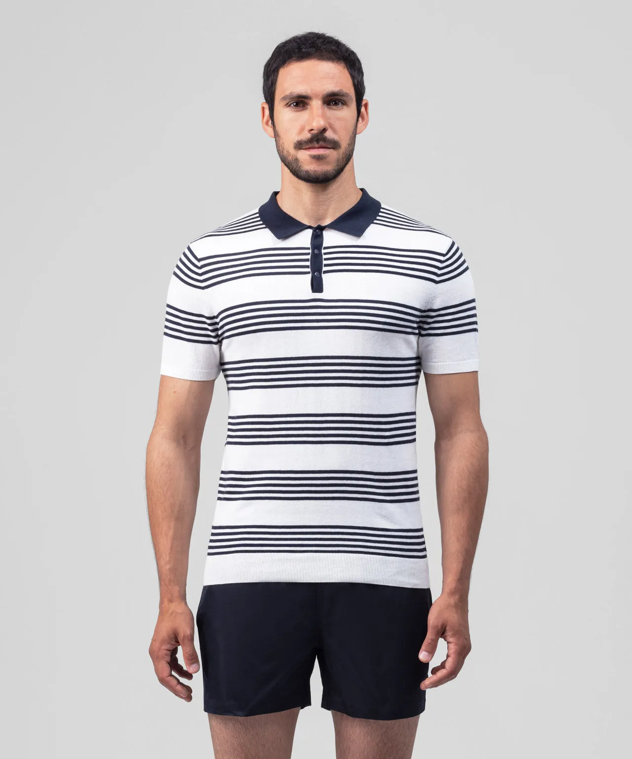 Cotton RD Tennis Polo: Off White/Navy Stripes