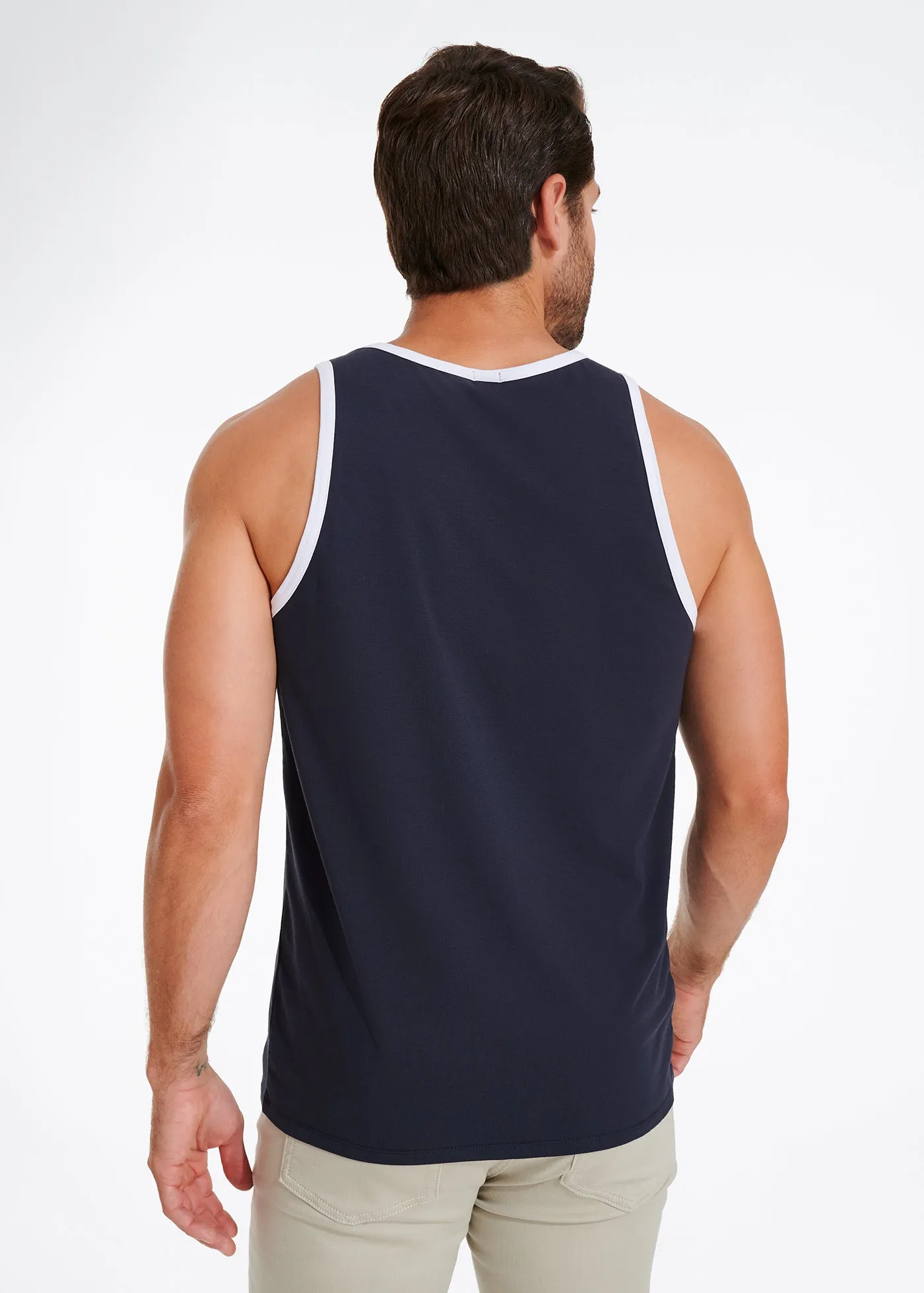 Cotton Stretch Ringer Pocket Tank | Navy w/White