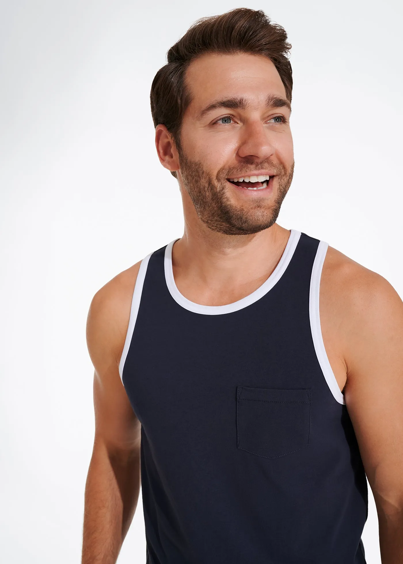 Cotton Stretch Ringer Pocket Tank | Navy w/White