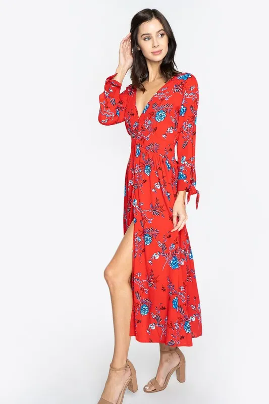 Crimson Rose Floral Midi Dress