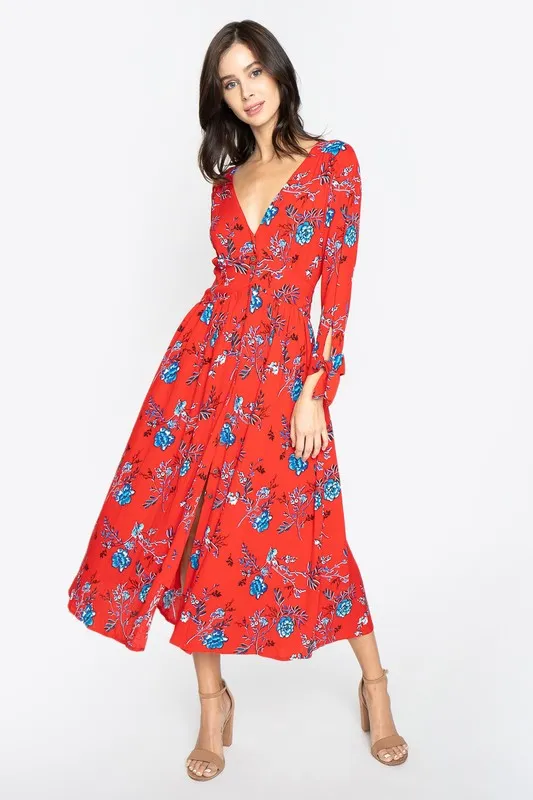 Crimson Rose Floral Midi Dress