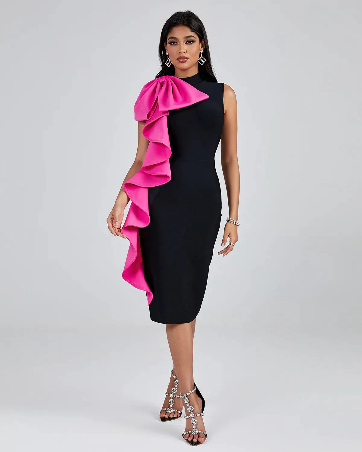 DARIA Bowknot Ruffle Midi Bandage Dress