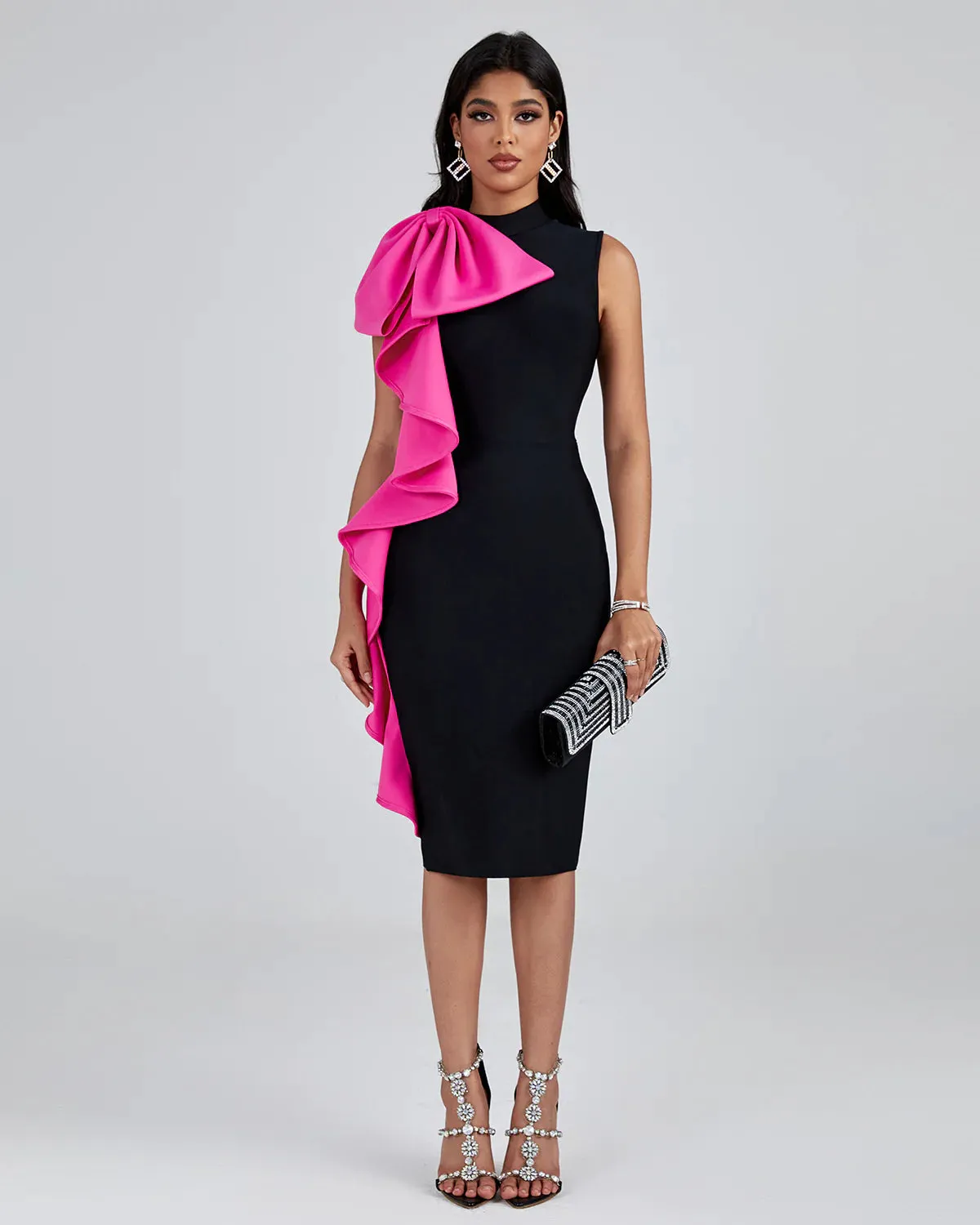 DARIA Bowknot Ruffle Midi Bandage Dress