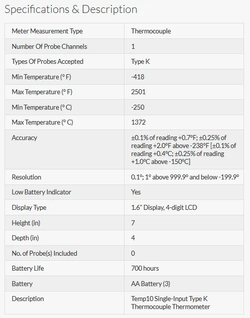 Digi-Sense Temp-10 Single-Input Type K Thermocouple Thermometer (includes probe)