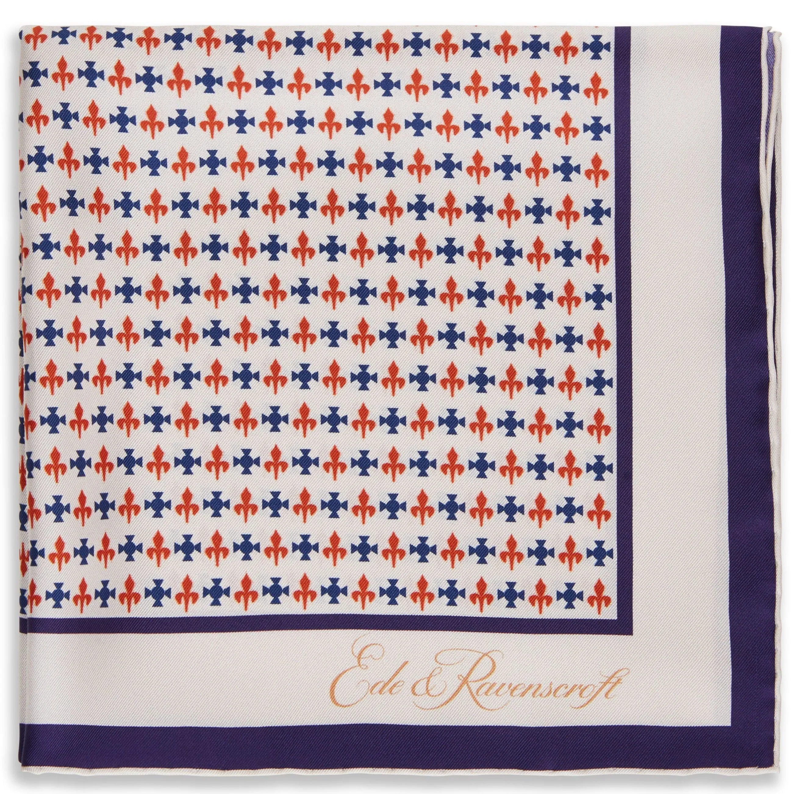 Ecru and Navy Fleur De Lys Silk Pocket Square