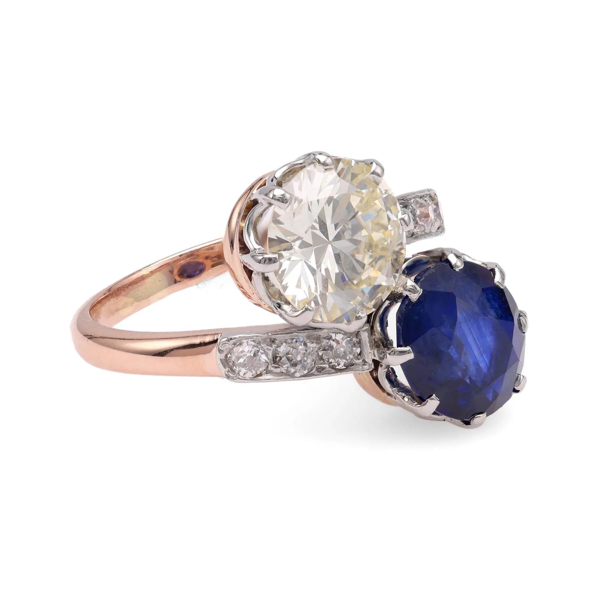 Edwardian GIA 2.07 Carat Diamond & 2.89 Carat Sapphire Toi Et Moi Rose Gold Ring