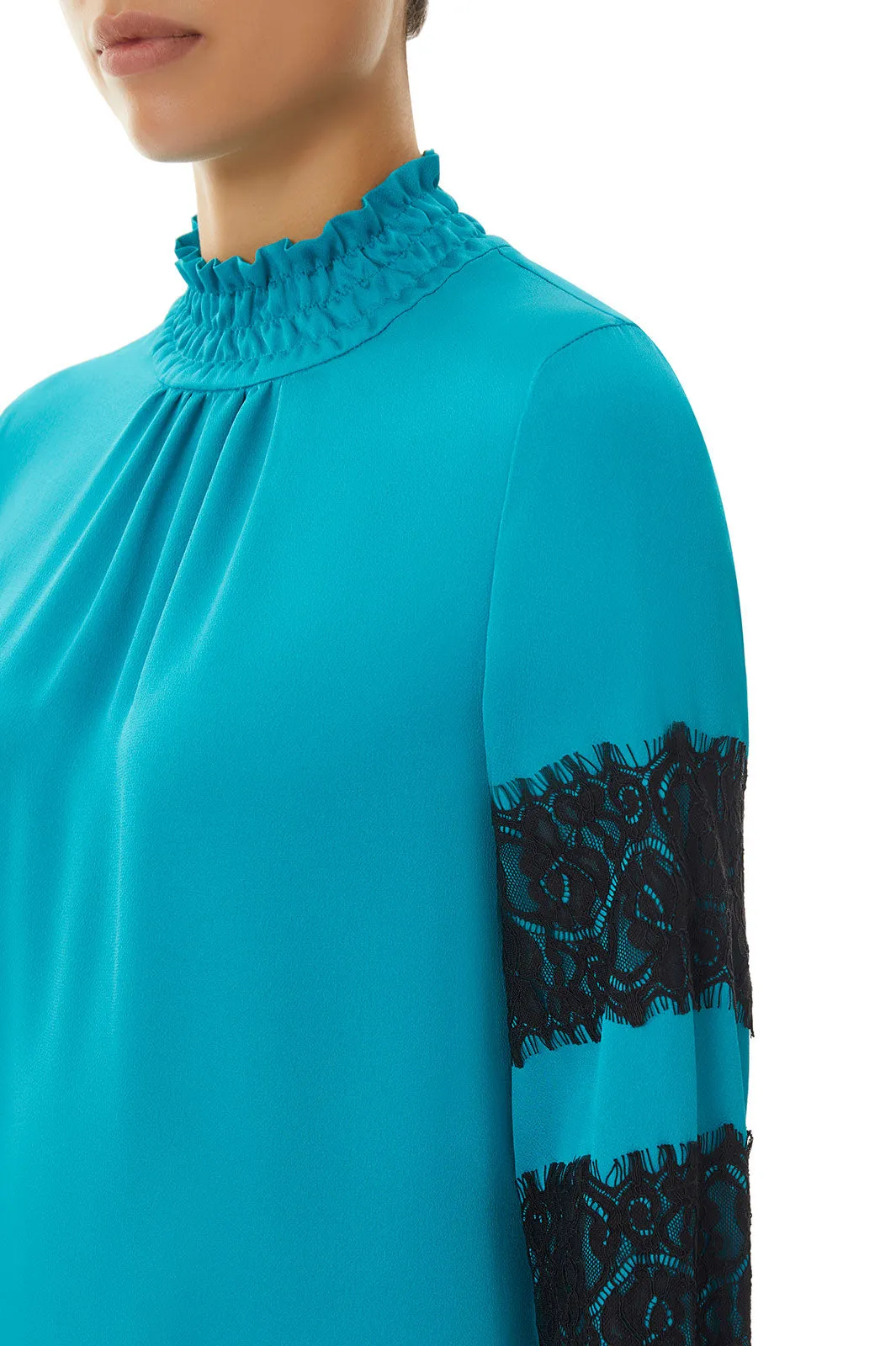 Gather Neck Lace Trim Crepe de Chine Blouse