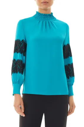 Gather Neck Lace Trim Crepe de Chine Blouse