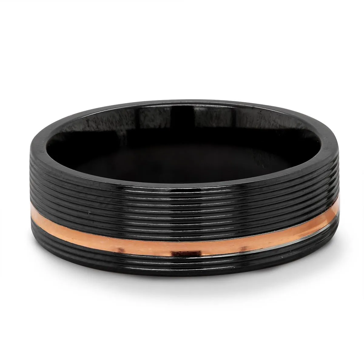 GENTS ZIRCONIUM WEDDING RING WITH ROSE GOLD INLAY