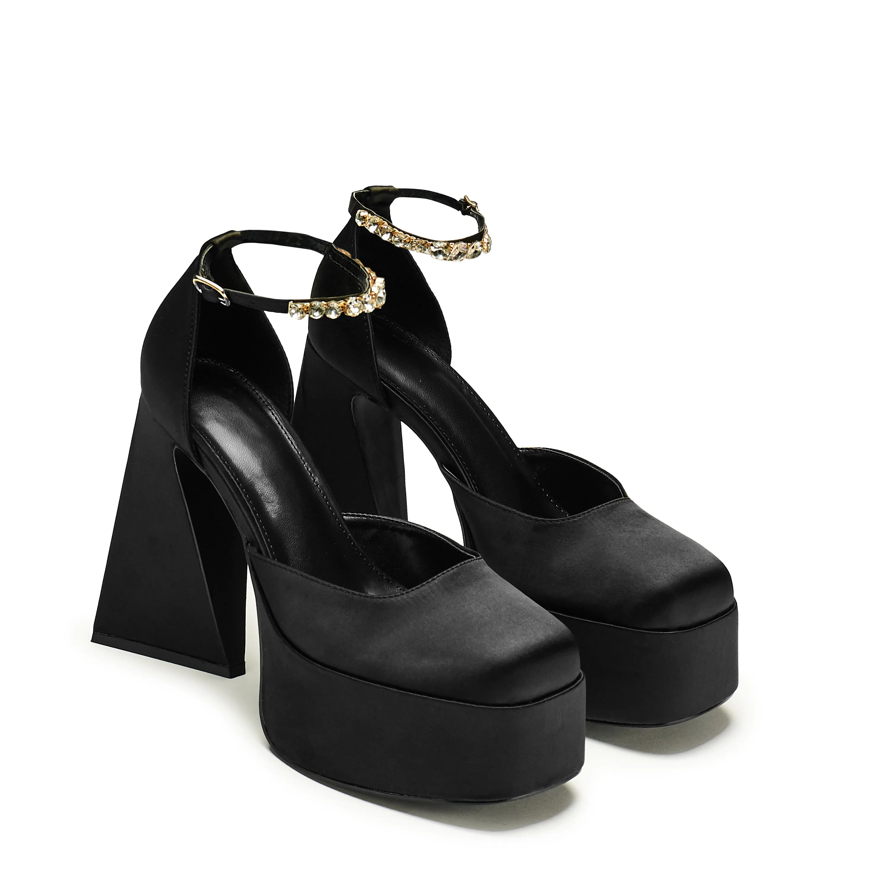 Gilda Satin Platform Jewel Heels- Black