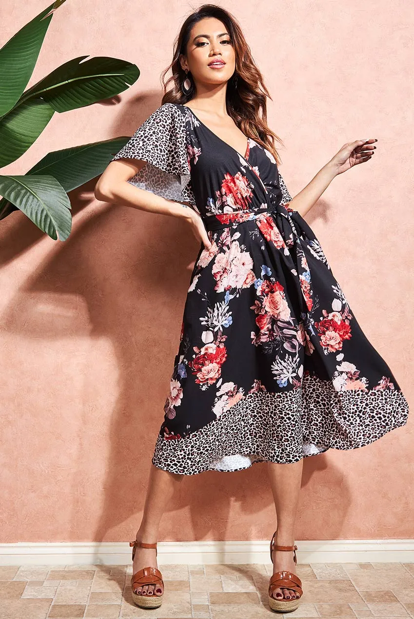 Goddiva Flutter Sleeve Printed Midi Dress