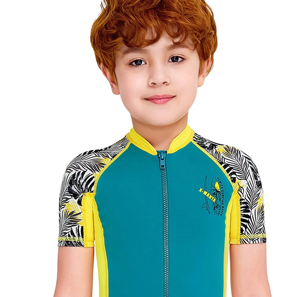 Half Sleeves Kids Swimwear Yellow & Green Palm Leaves Printed Sleeves, Knee Length with UPF 50 