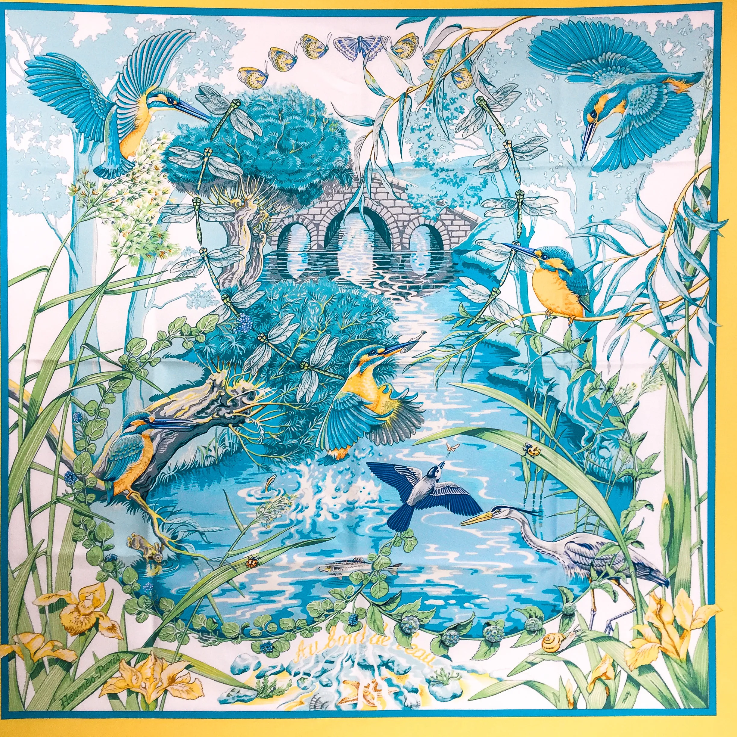 Hermes Silk Scarf Au Bord de l'Eau 90 cm Twill