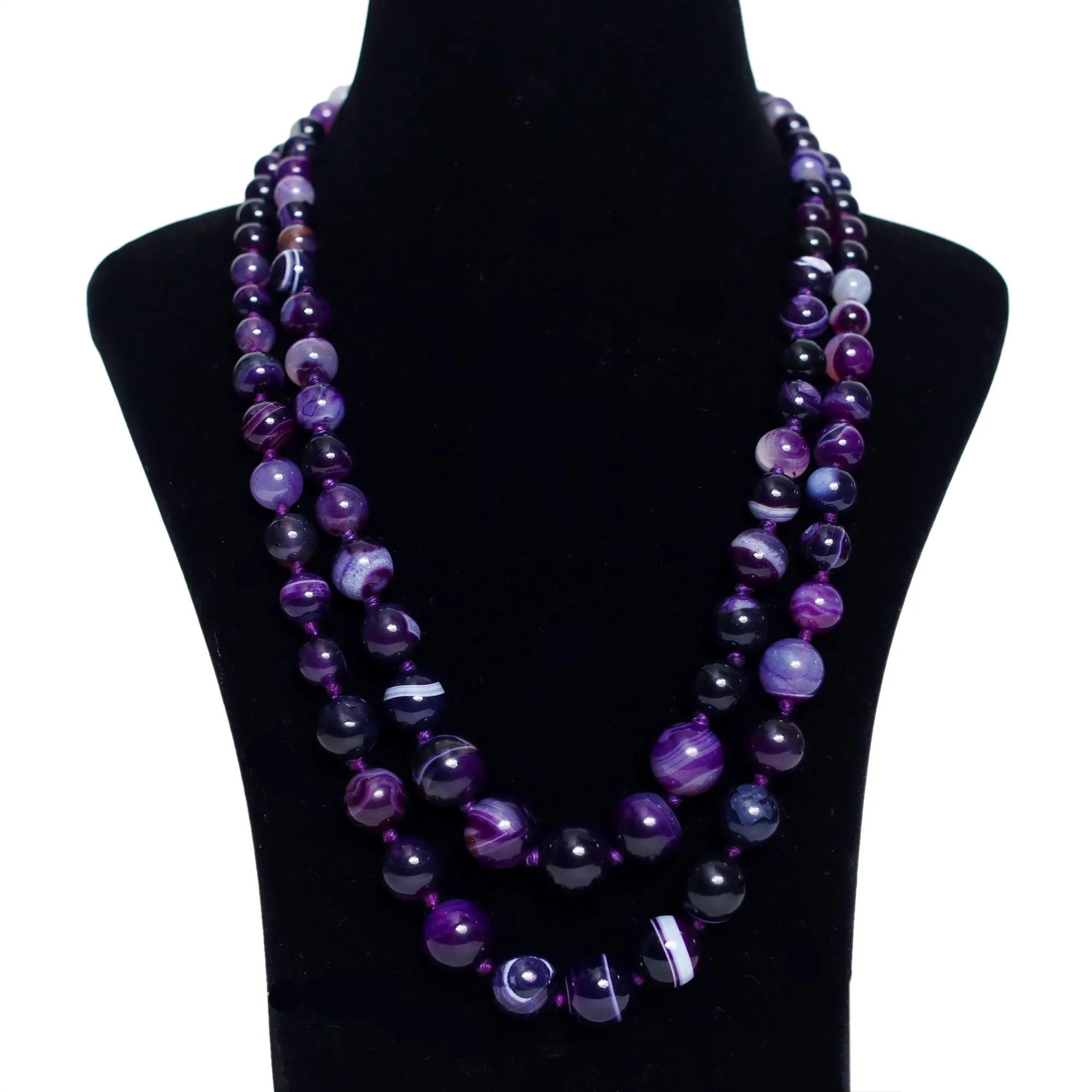 Imeora Knotted Purple Agate Graduation Double Line Necklace With 8mm Earrings