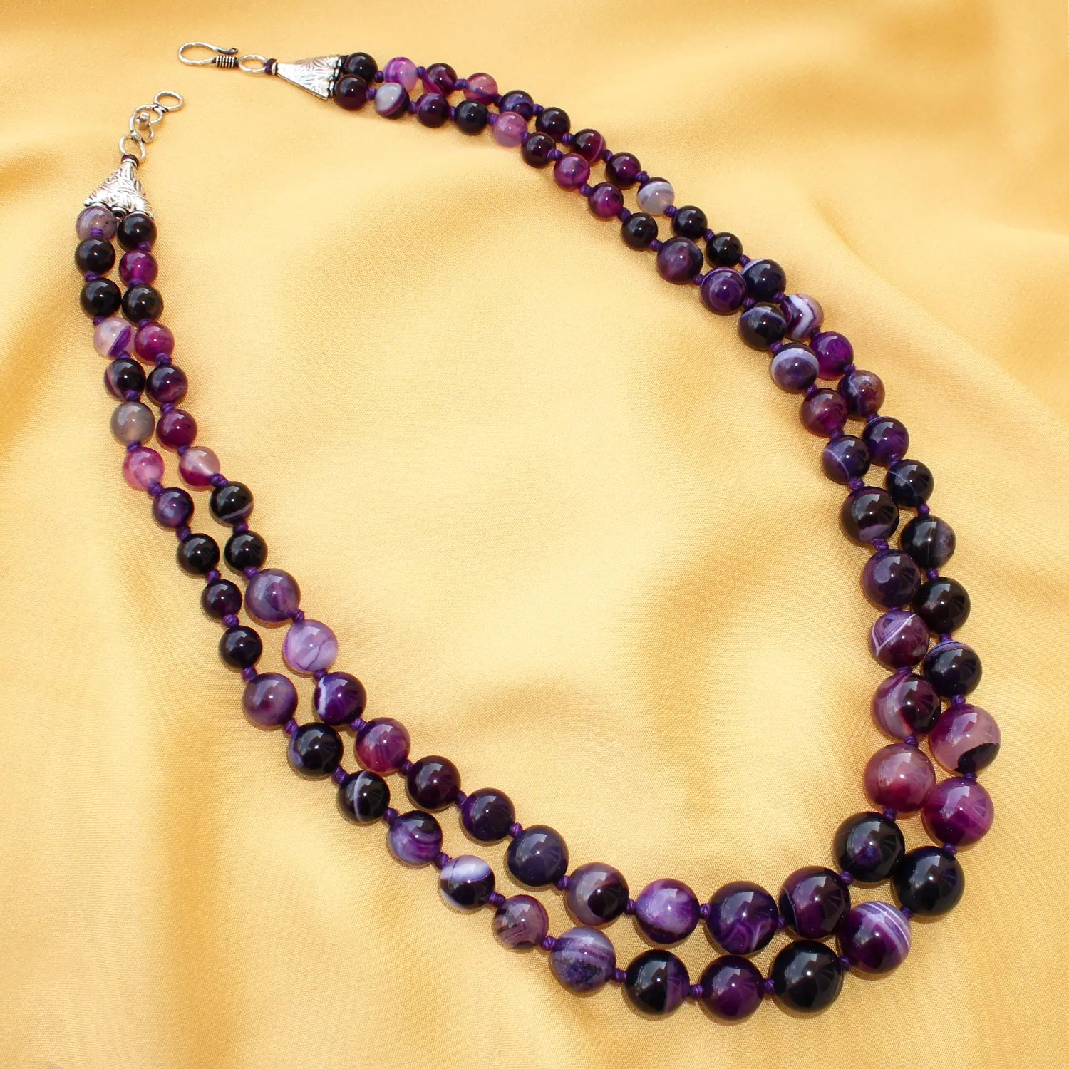 Imeora Knotted Purple Agate Graduation Double Line Necklace With 8mm Earrings