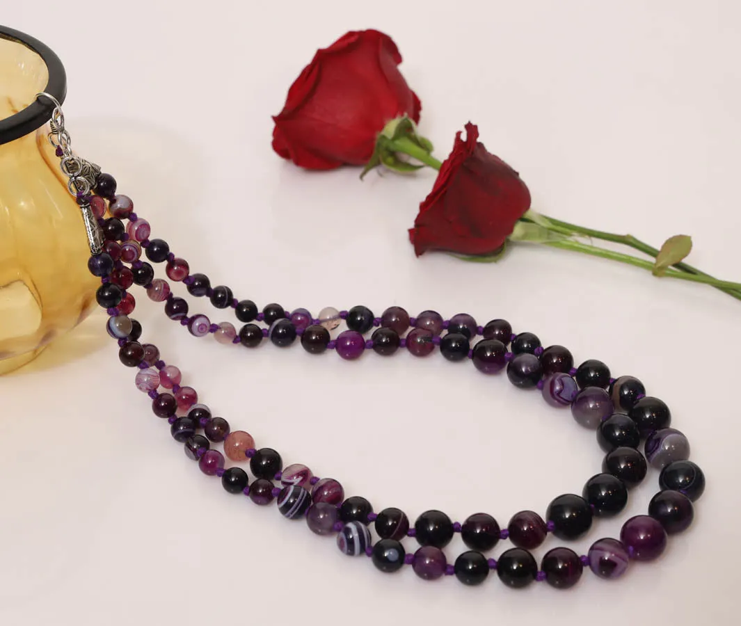 Imeora Knotted Purple Agate Graduation Double Line Necklace With 8mm Earrings