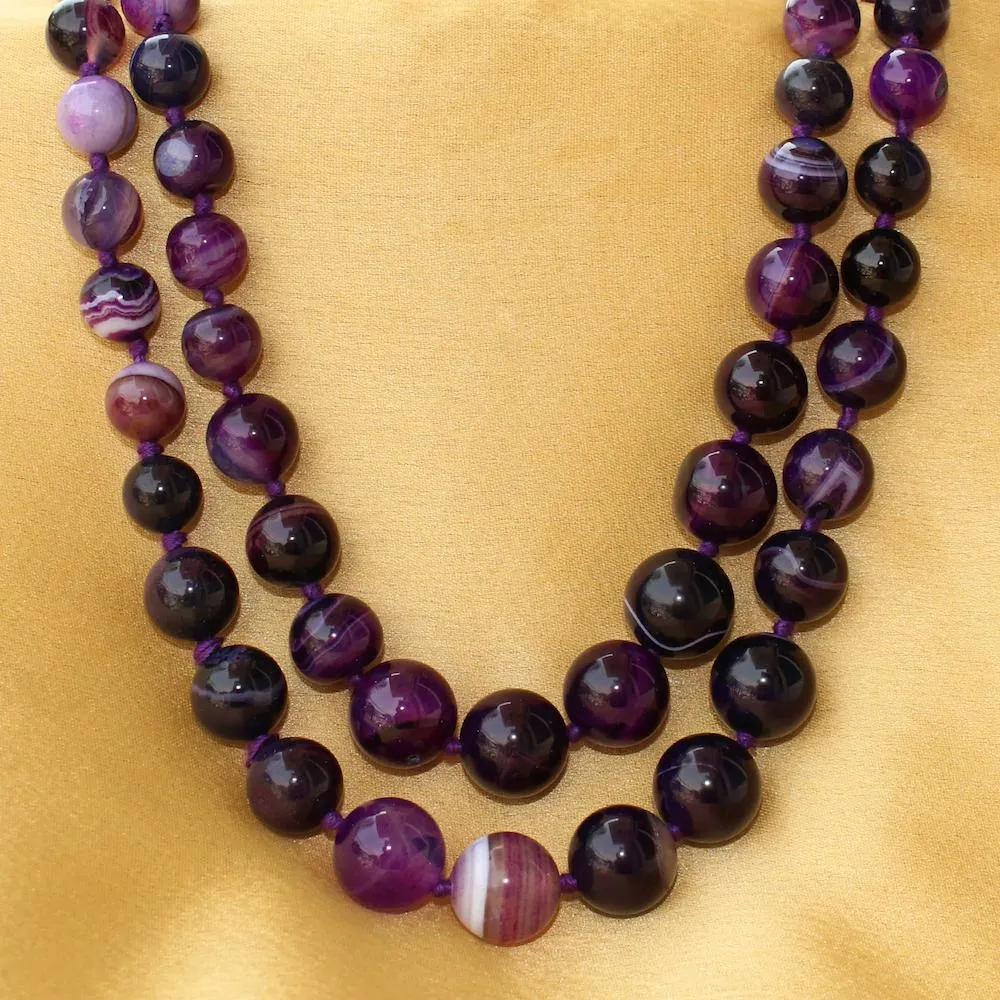 Imeora Knotted Purple Agate Graduation Double Line Necklace With 8mm Earrings