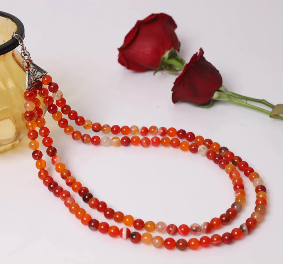 Imeora Orange Agate 8mm Double Line Necklace With 8mm Earrings