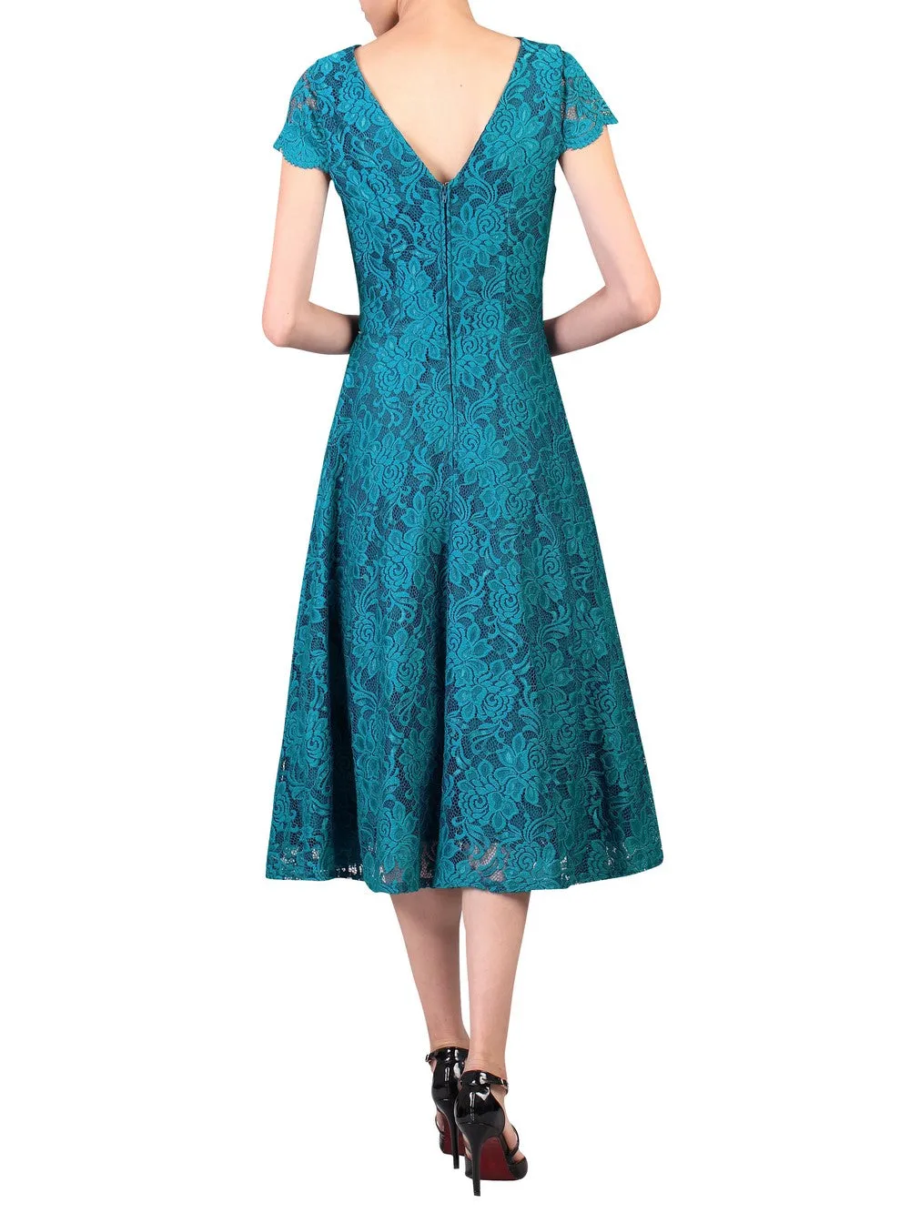 Jolie Moi Teal Lace Embroidered Cap Sleeve Swing Dress