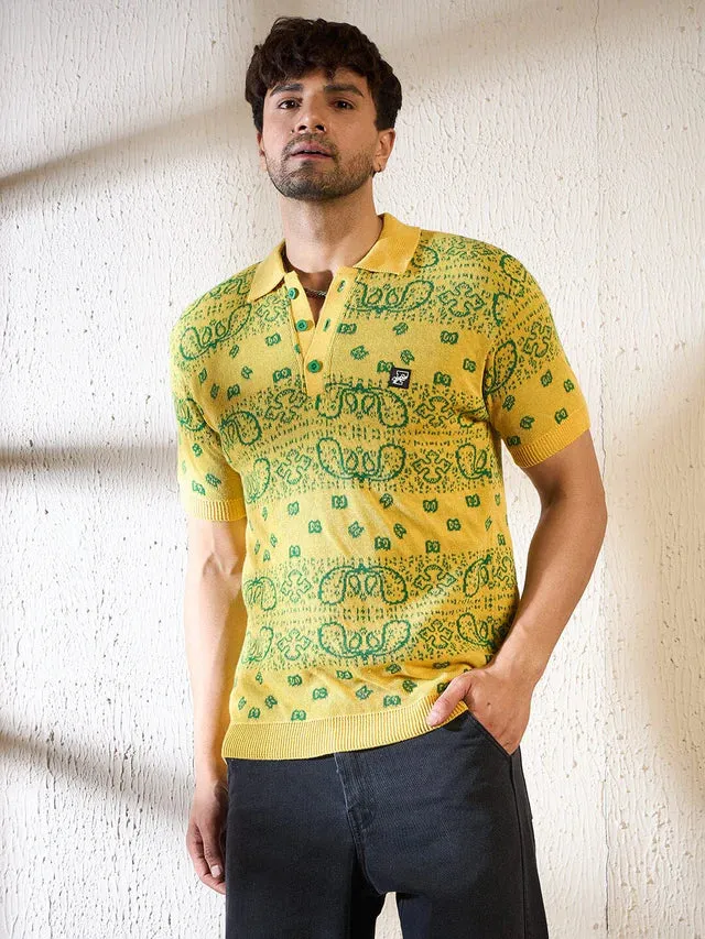 LEMON PAISLEY KNITTED POLO TSHIRT